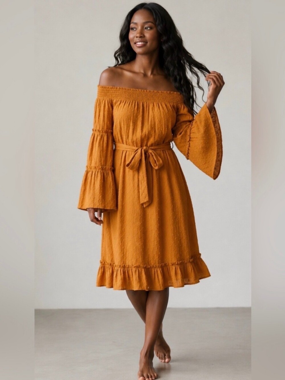 NWT Talisman Mantra Dotted Swiss Off-the-shoulder Belted Midi Dress In Mustard S